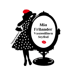 Mia Frilanderin Stylisti-logo, jossa on valkoinen ovaali, musta pistekuvio ja punaiset huulet.